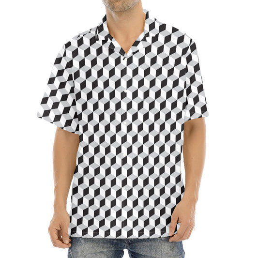 Grey Geometric Cube Shape Pattern Print Aloha Shirt