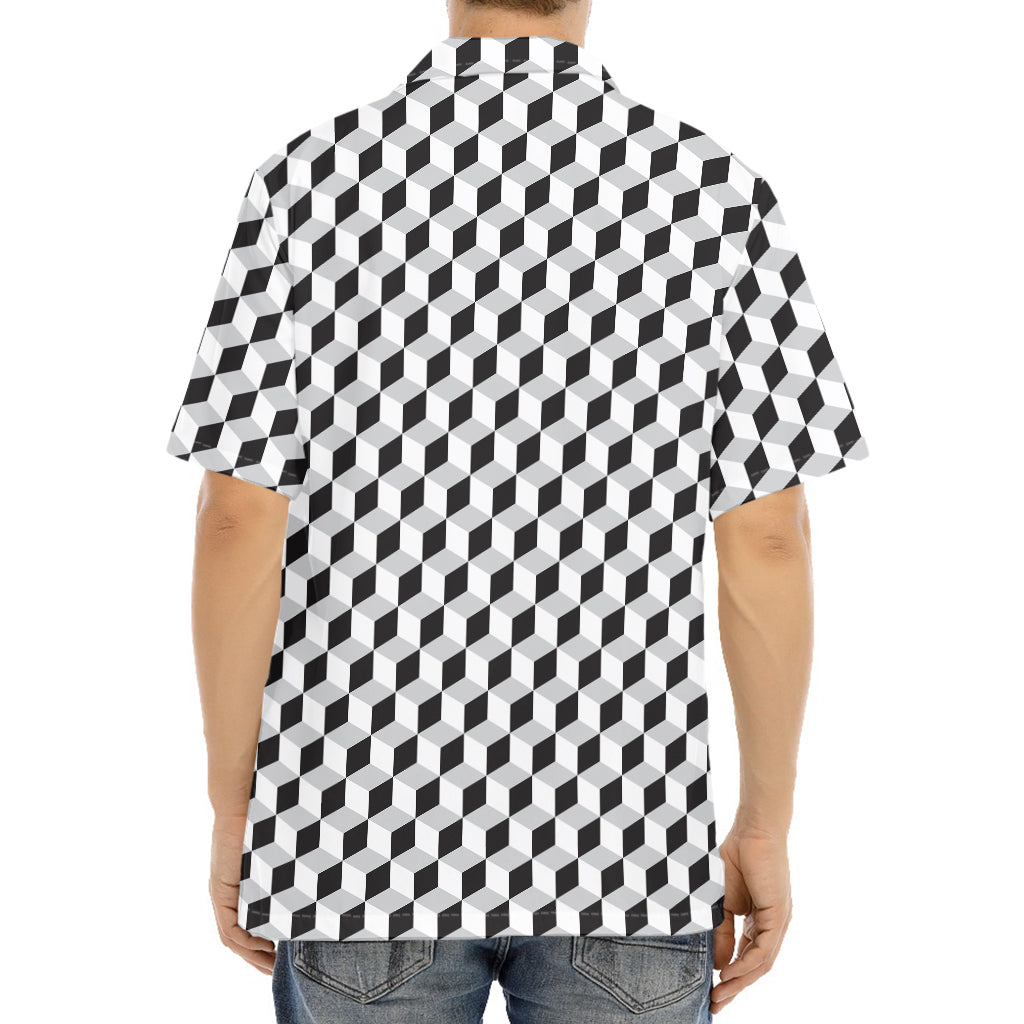 Grey Geometric Cube Shape Pattern Print Aloha Shirt
