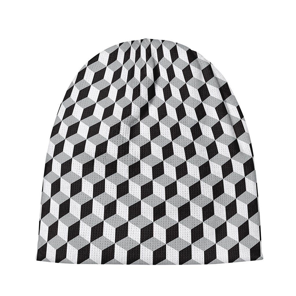 Grey Geometric Cube Shape Pattern Print Beanie