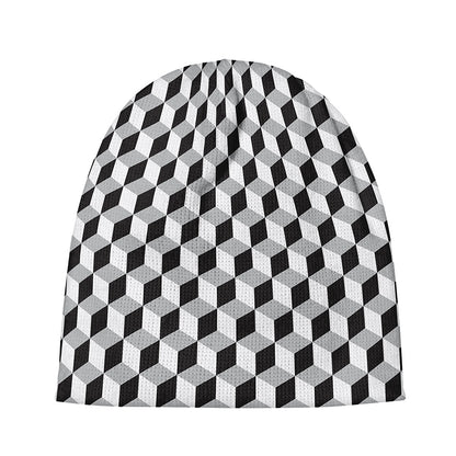 Grey Geometric Cube Shape Pattern Print Beanie