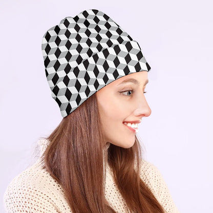 Grey Geometric Cube Shape Pattern Print Beanie