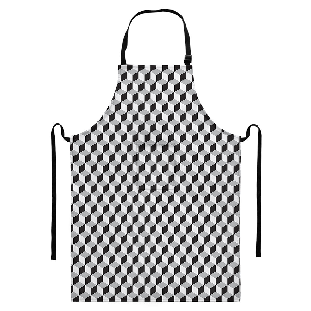 Grey Geometric Cube Shape Pattern Print Bib Apron With Pocket
