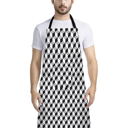 Grey Geometric Cube Shape Pattern Print Bib Apron With Pocket