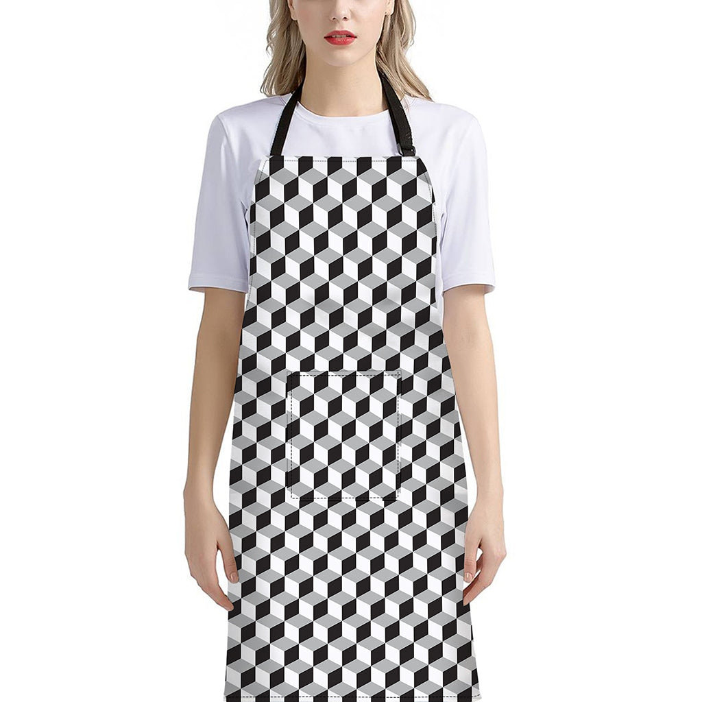 Grey Geometric Cube Shape Pattern Print Bib Apron With Pocket