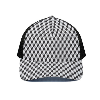 Grey Geometric Cube Shape Pattern Print Black Mesh Trucker Cap