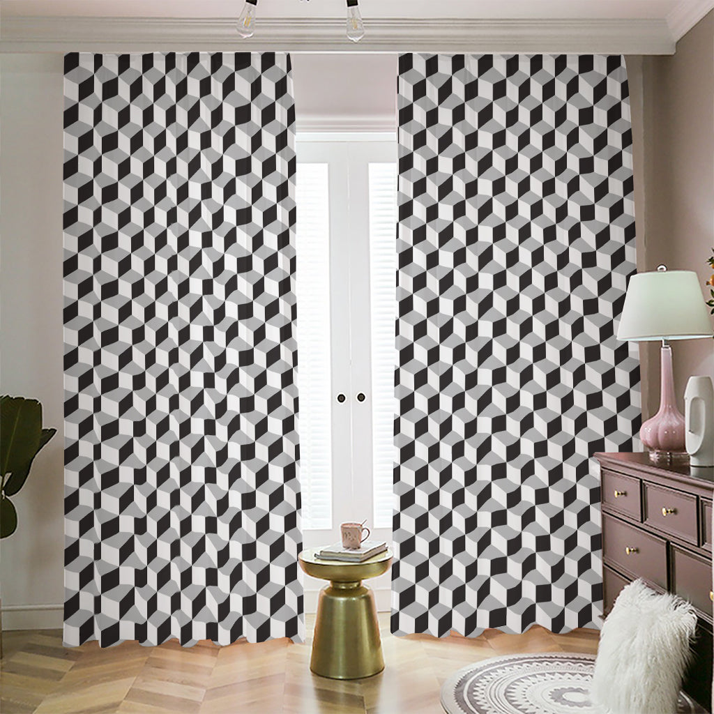 Grey Geometric Cube Shape Pattern Print Blackout Pencil Pleat Curtains