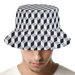 Grey Geometric Cube Shape Pattern Print Bucket Hat