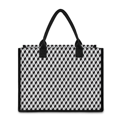 Grey Geometric Cube Shape Pattern Print Canvas Tote Bag