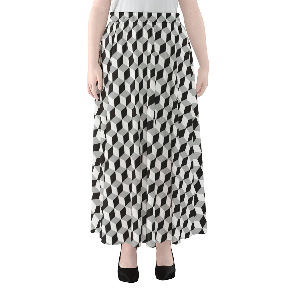 Grey Geometric Cube Shape Pattern Print Chiffon Maxi Skirt