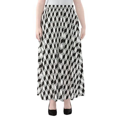 Grey Geometric Cube Shape Pattern Print Chiffon Maxi Skirt