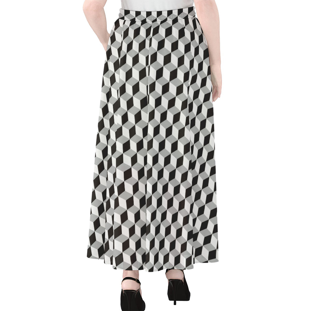 Grey Geometric Cube Shape Pattern Print Chiffon Maxi Skirt
