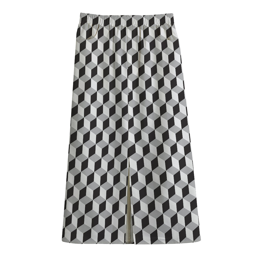Grey Geometric Cube Shape Pattern Print Cotton Front Slit Maxi Skirt