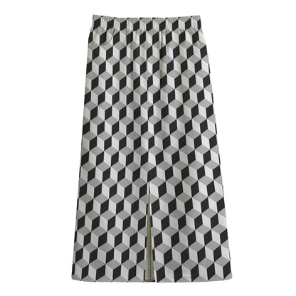 Grey Geometric Cube Shape Pattern Print Cotton Front Slit Maxi Skirt