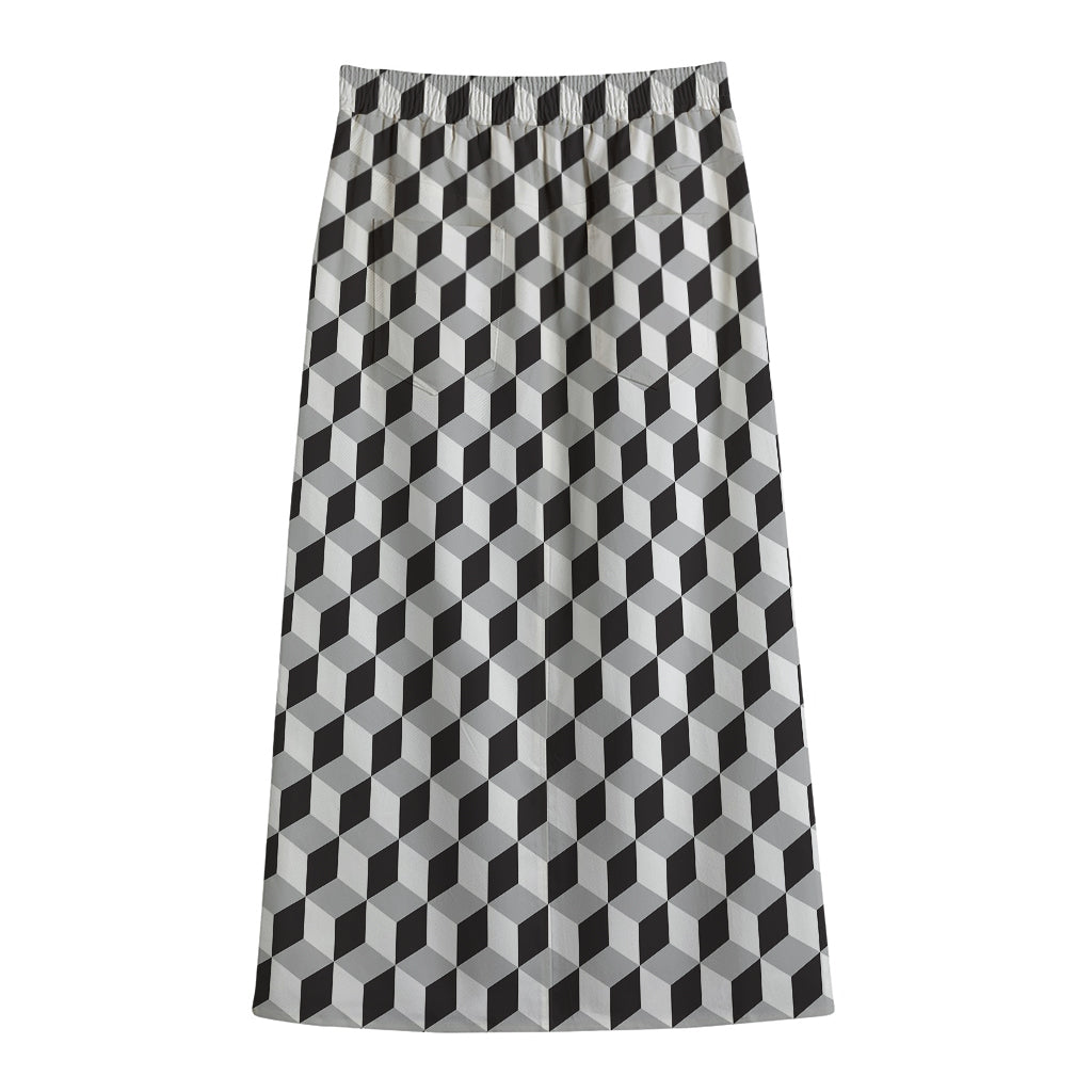 Grey Geometric Cube Shape Pattern Print Cotton Front Slit Maxi Skirt