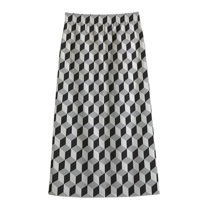 Grey Geometric Cube Shape Pattern Print Cotton Front Slit Maxi Skirt