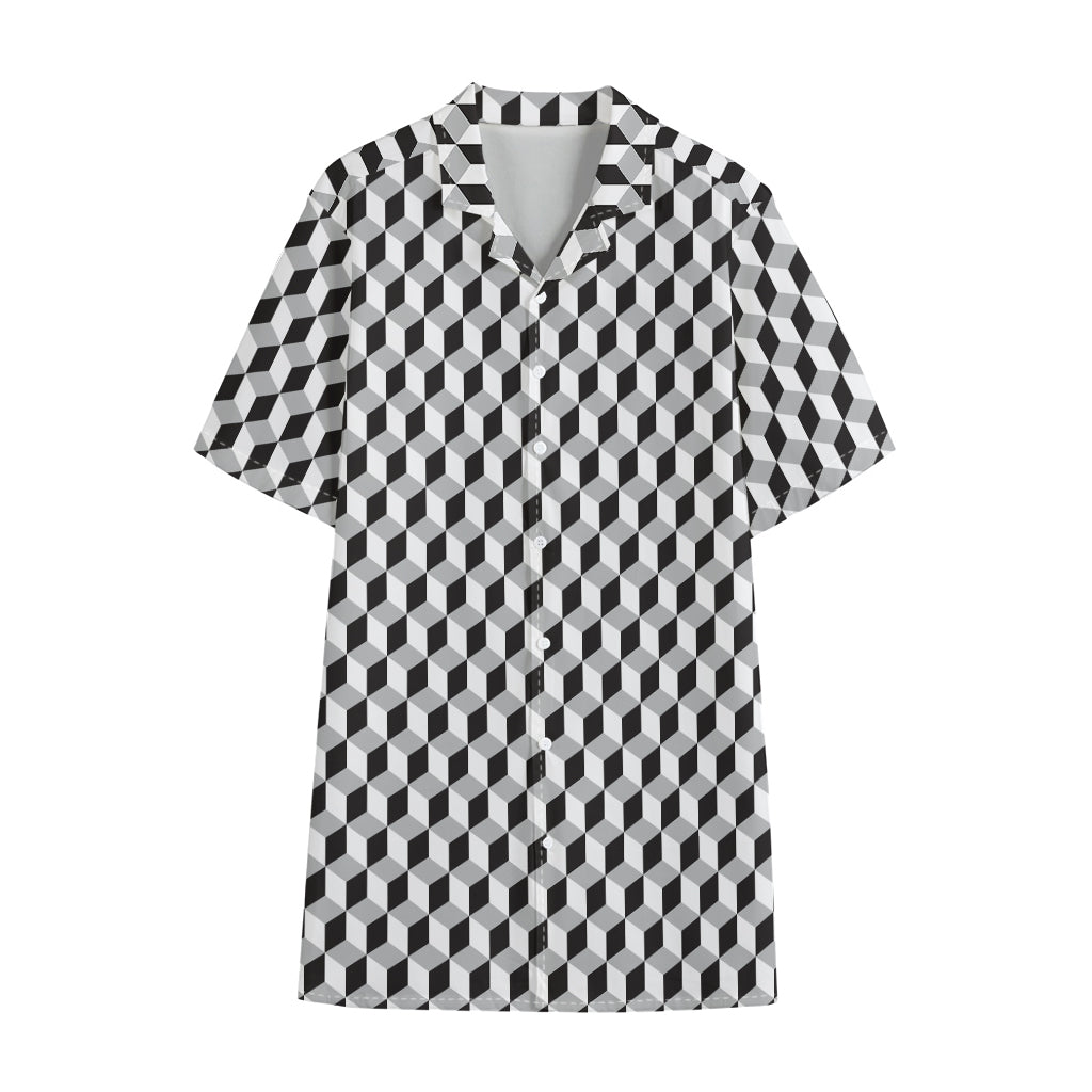 Grey Geometric Cube Shape Pattern Print Cotton Hawaiian Shirt