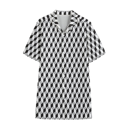 Grey Geometric Cube Shape Pattern Print Cotton Hawaiian Shirt
