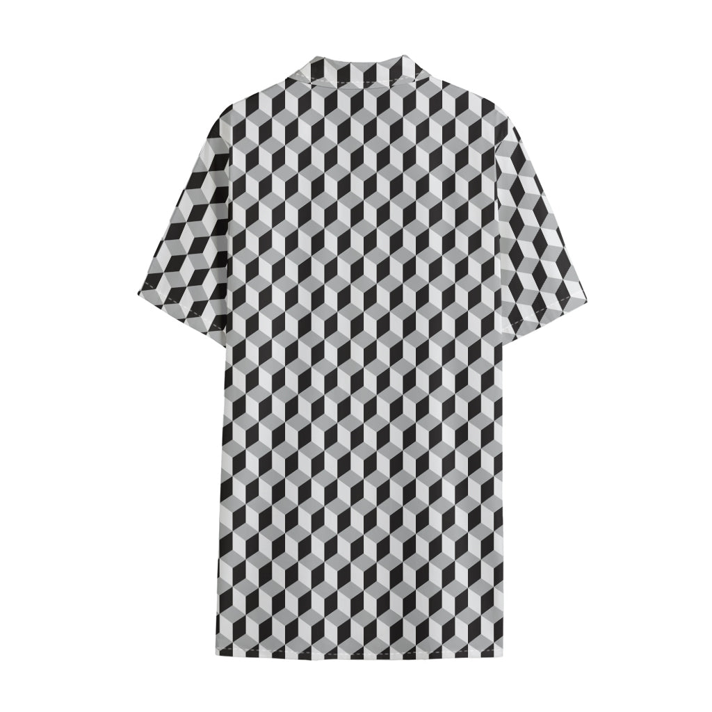 Grey Geometric Cube Shape Pattern Print Cotton Hawaiian Shirt