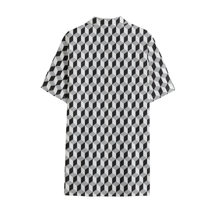 Grey Geometric Cube Shape Pattern Print Cotton Hawaiian Shirt