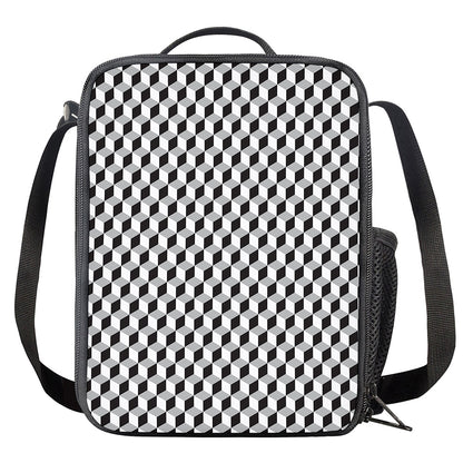 Grey Geometric Cube Shape Pattern Print Crossbody Lunch Bag