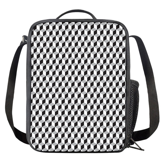 Grey Geometric Cube Shape Pattern Print Crossbody Lunch Bag