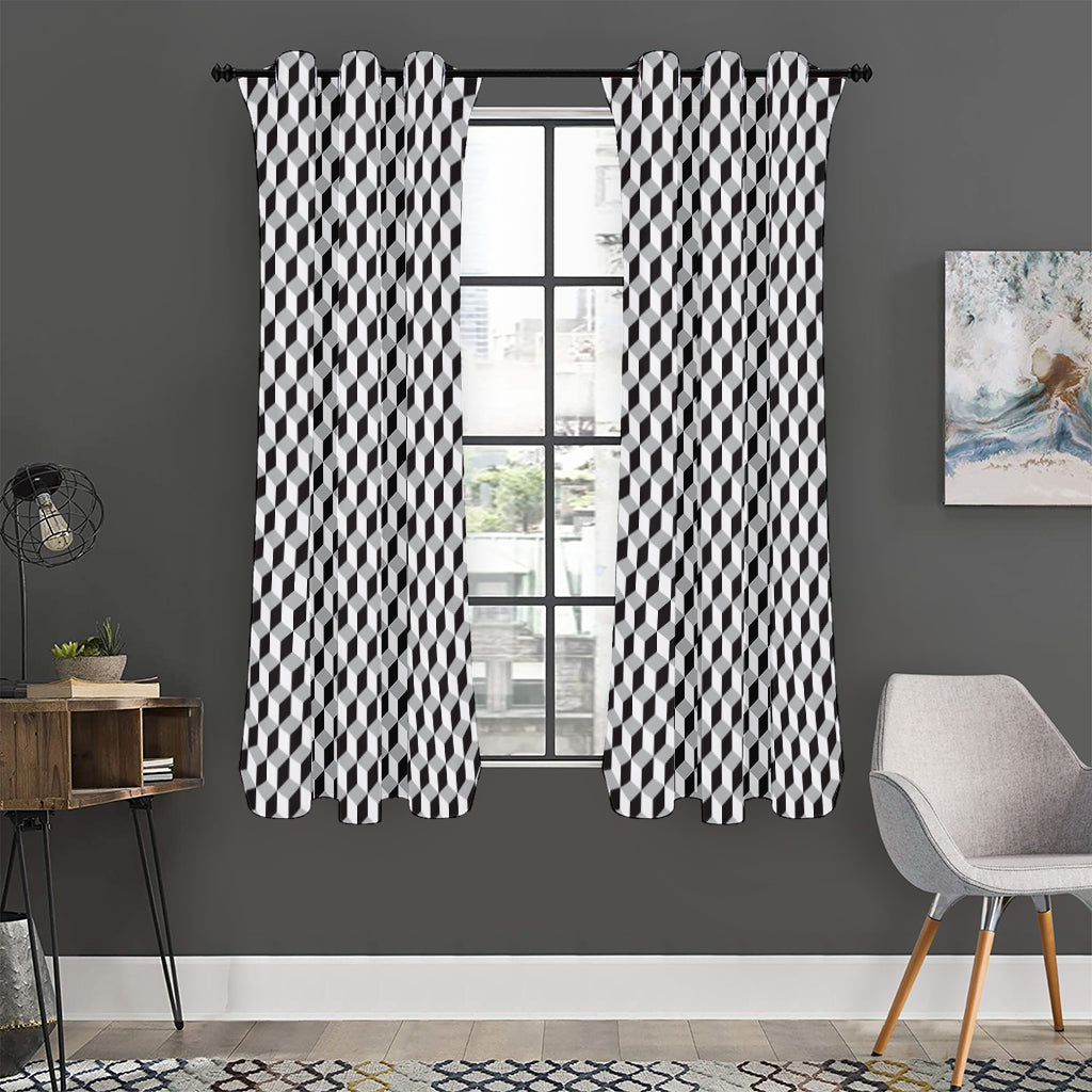 Grey Geometric Cube Shape Pattern Print Curtain