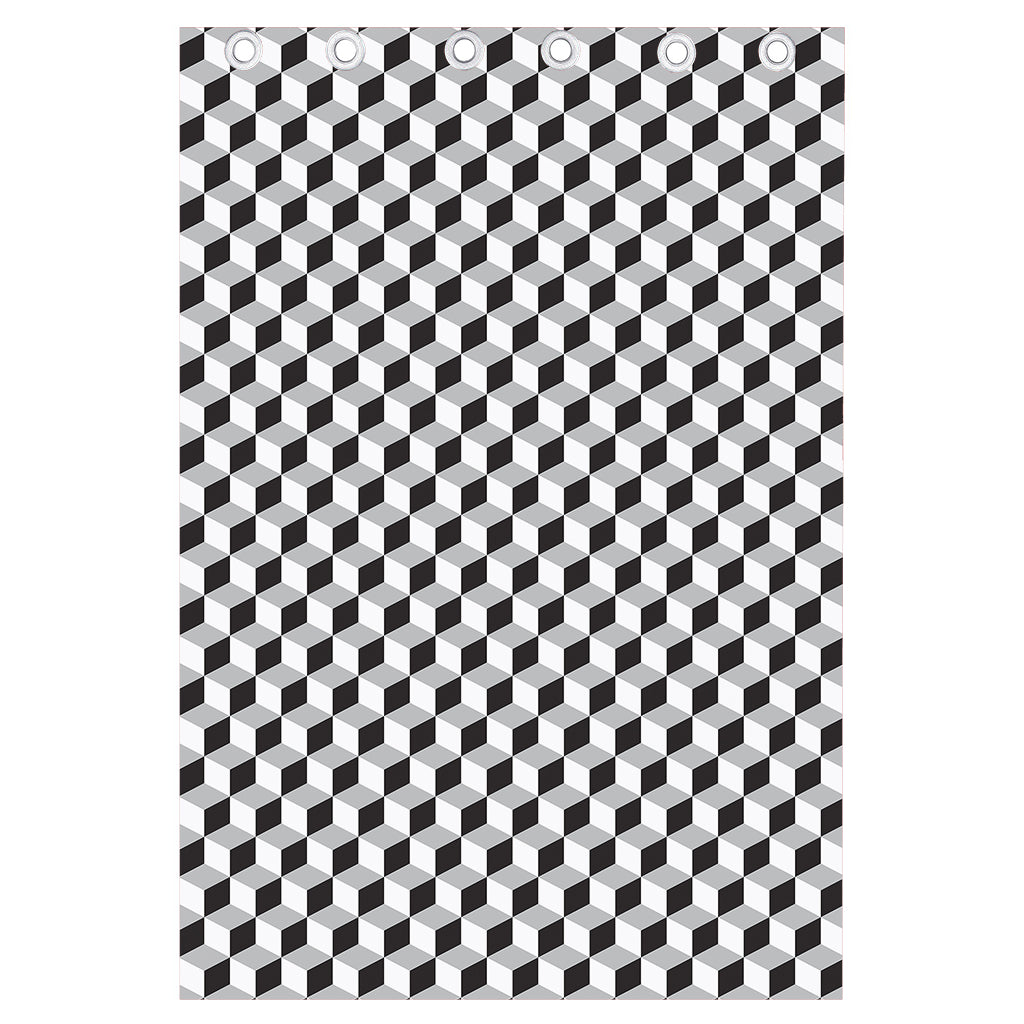 Grey Geometric Cube Shape Pattern Print Curtain