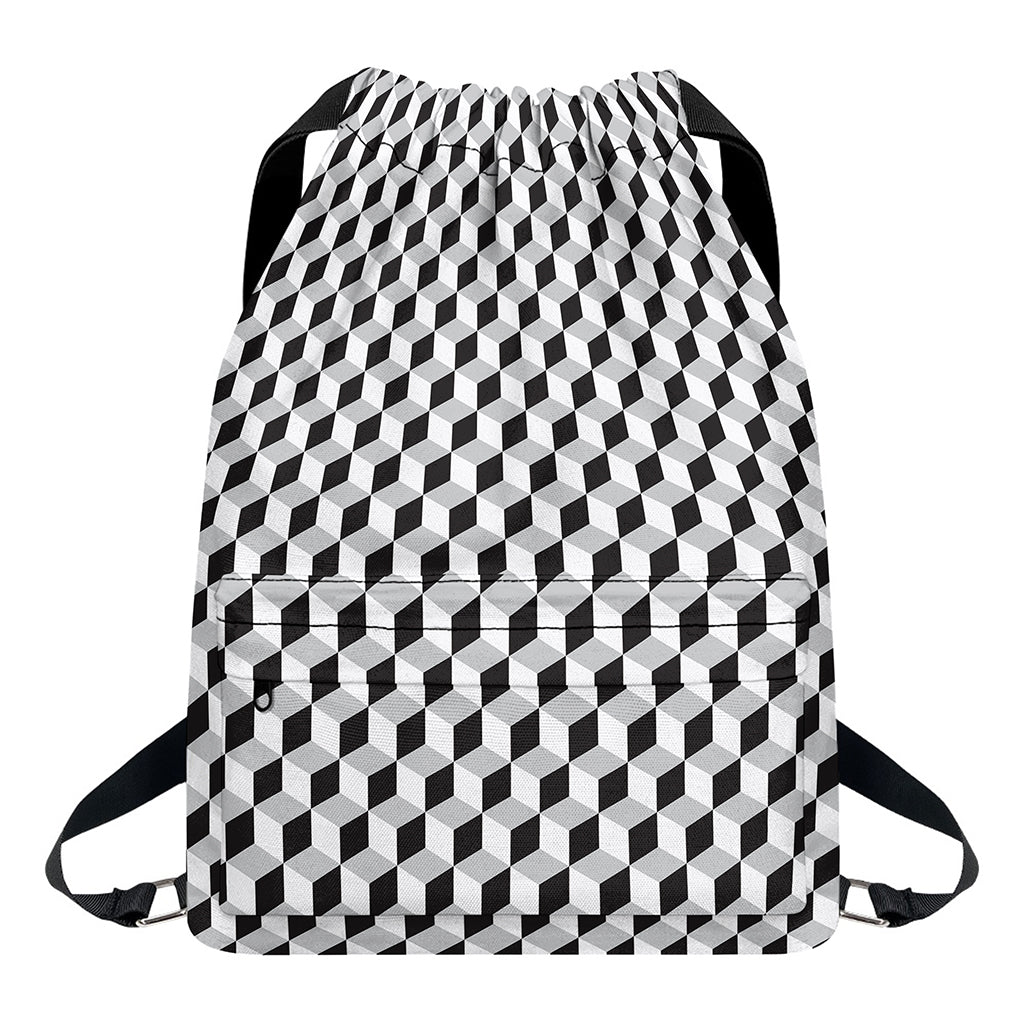 Grey Geometric Cube Shape Pattern Print Drawstring Backpack