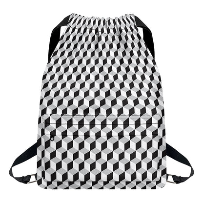 Grey Geometric Cube Shape Pattern Print Drawstring Backpack