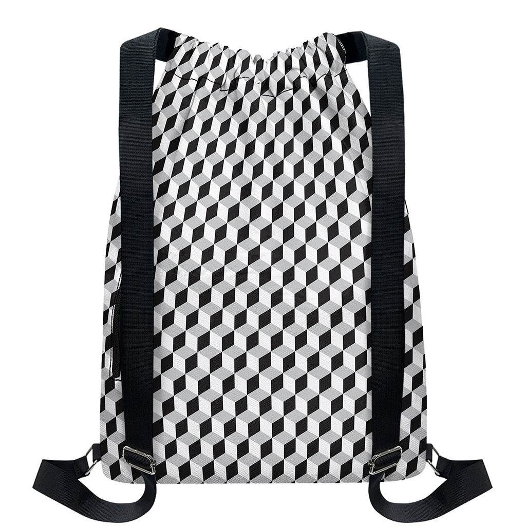Grey Geometric Cube Shape Pattern Print Drawstring Backpack