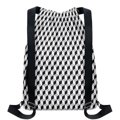 Grey Geometric Cube Shape Pattern Print Drawstring Backpack