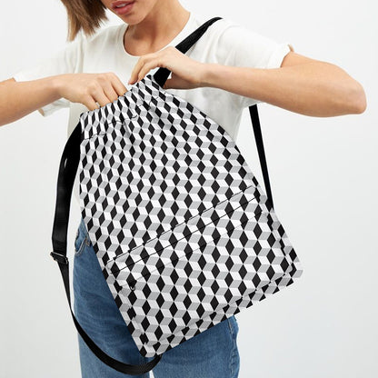 Grey Geometric Cube Shape Pattern Print Drawstring Backpack