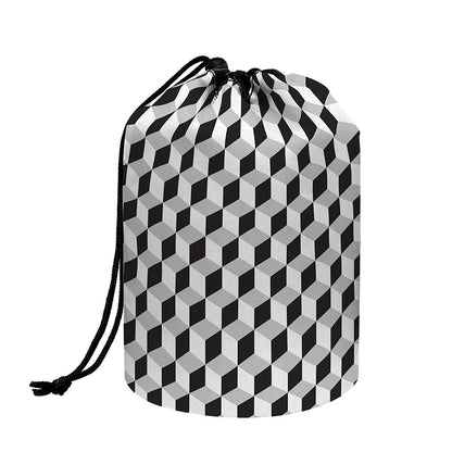 Grey Geometric Cube Shape Pattern Print Drawstring Makeup Bag
