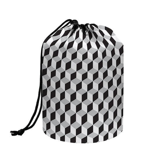 Grey Geometric Cube Shape Pattern Print Drawstring Makeup Bag