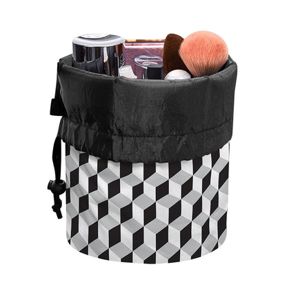 Grey Geometric Cube Shape Pattern Print Drawstring Makeup Bag