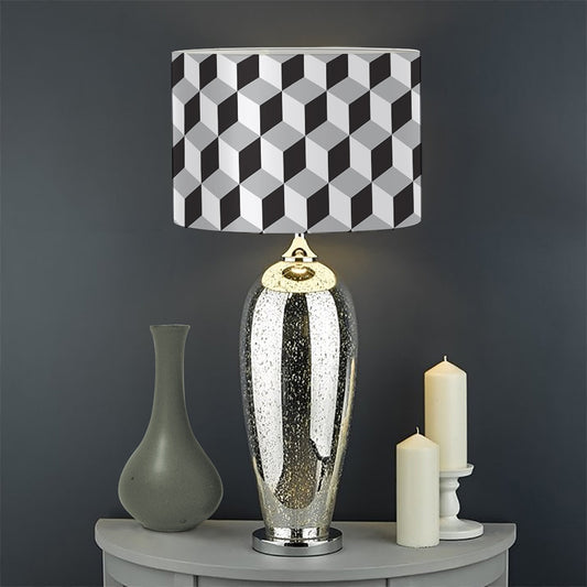 Grey Geometric Cube Shape Pattern Print Drum Lamp Shade