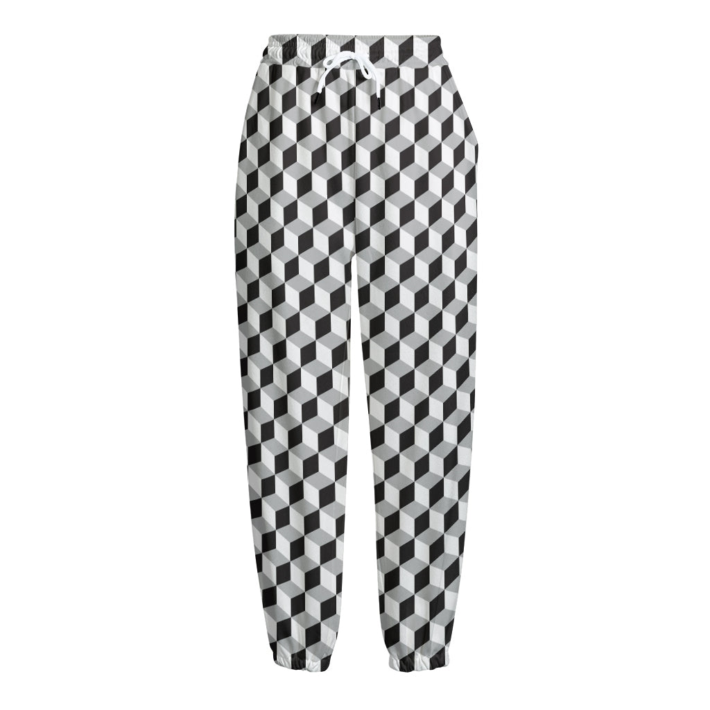 Grey Geometric Cube Shape Pattern Print Fleece Lined Knit Pants