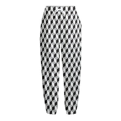 Grey Geometric Cube Shape Pattern Print Fleece Lined Knit Pants