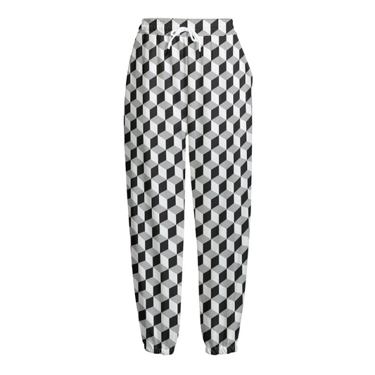 Grey Geometric Cube Shape Pattern Print Fleece Lined Knit Pants