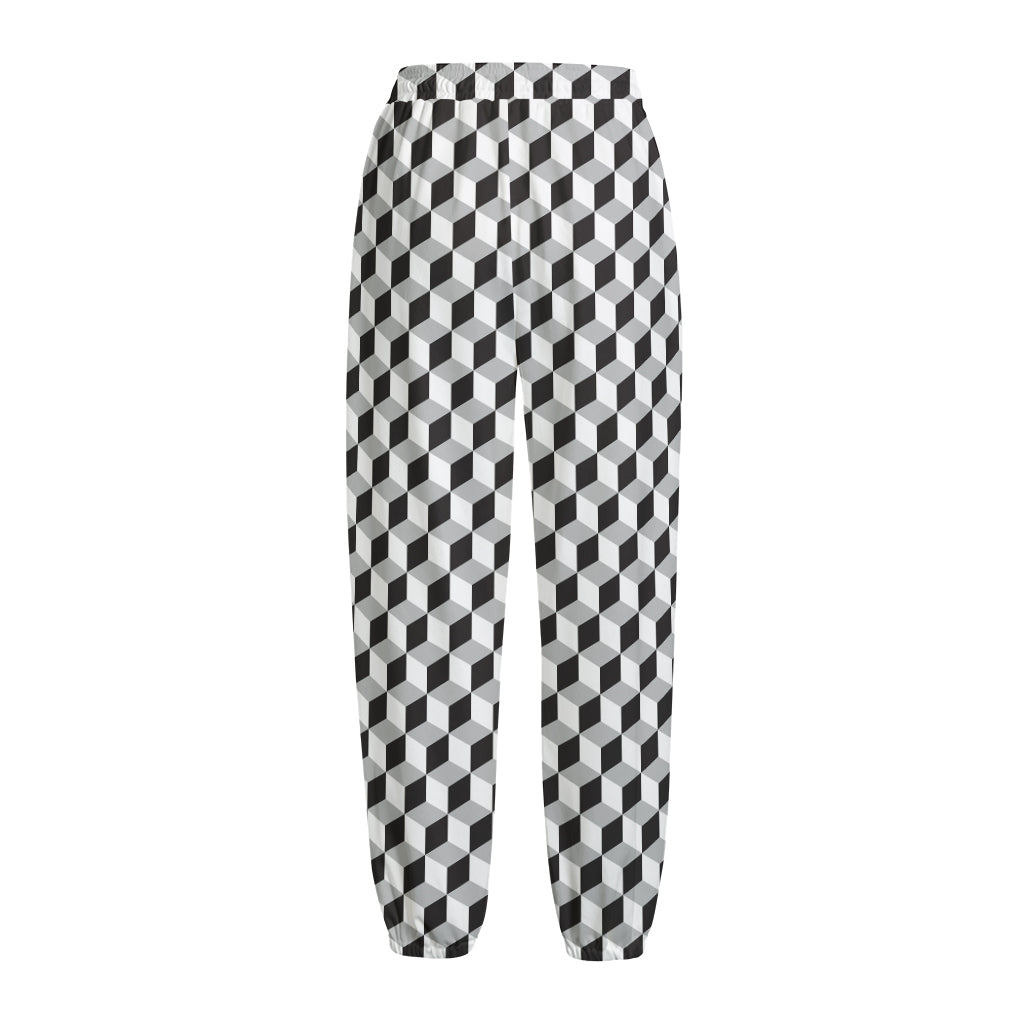 Grey Geometric Cube Shape Pattern Print Fleece Lined Knit Pants