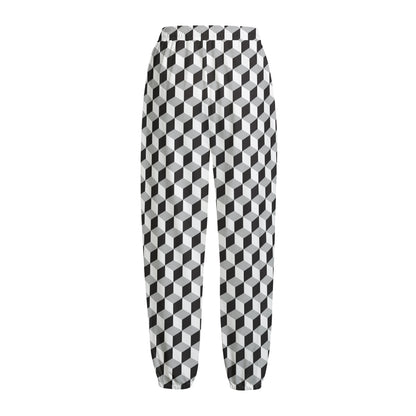 Grey Geometric Cube Shape Pattern Print Fleece Lined Knit Pants