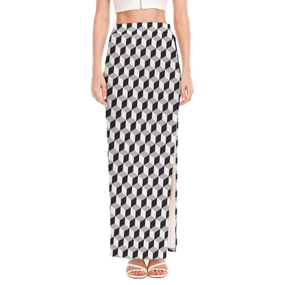 Grey Geometric Cube Shape Pattern Print High Slit Maxi Skirt