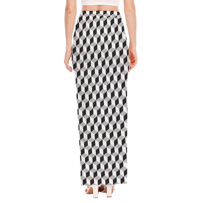 Grey Geometric Cube Shape Pattern Print High Slit Maxi Skirt