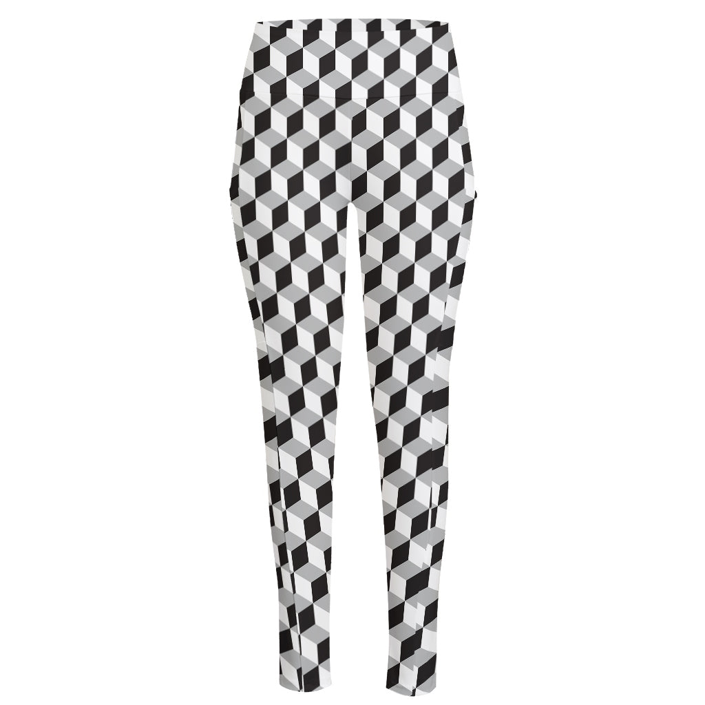 Grey Geometric Cube Shape Pattern Print High-Waisted Pocket Leggings