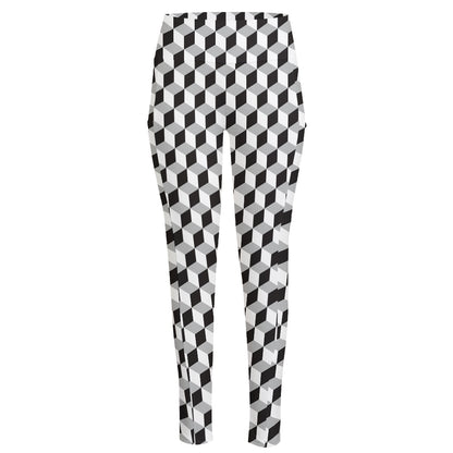 Grey Geometric Cube Shape Pattern Print High-Waisted Pocket Leggings