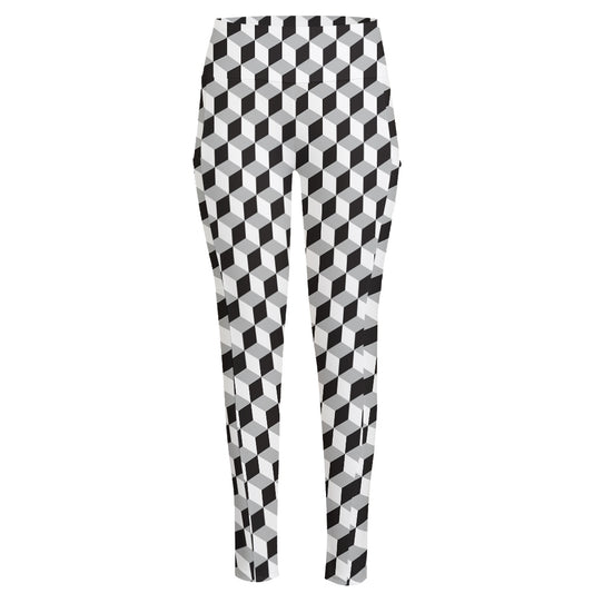Grey Geometric Cube Shape Pattern Print High-Waisted Pocket Leggings
