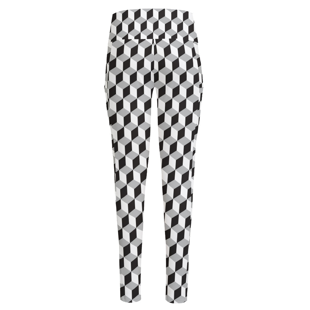 Grey Geometric Cube Shape Pattern Print High-Waisted Pocket Leggings