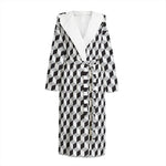 Grey Geometric Cube Shape Pattern Print Hooded Bathrobe