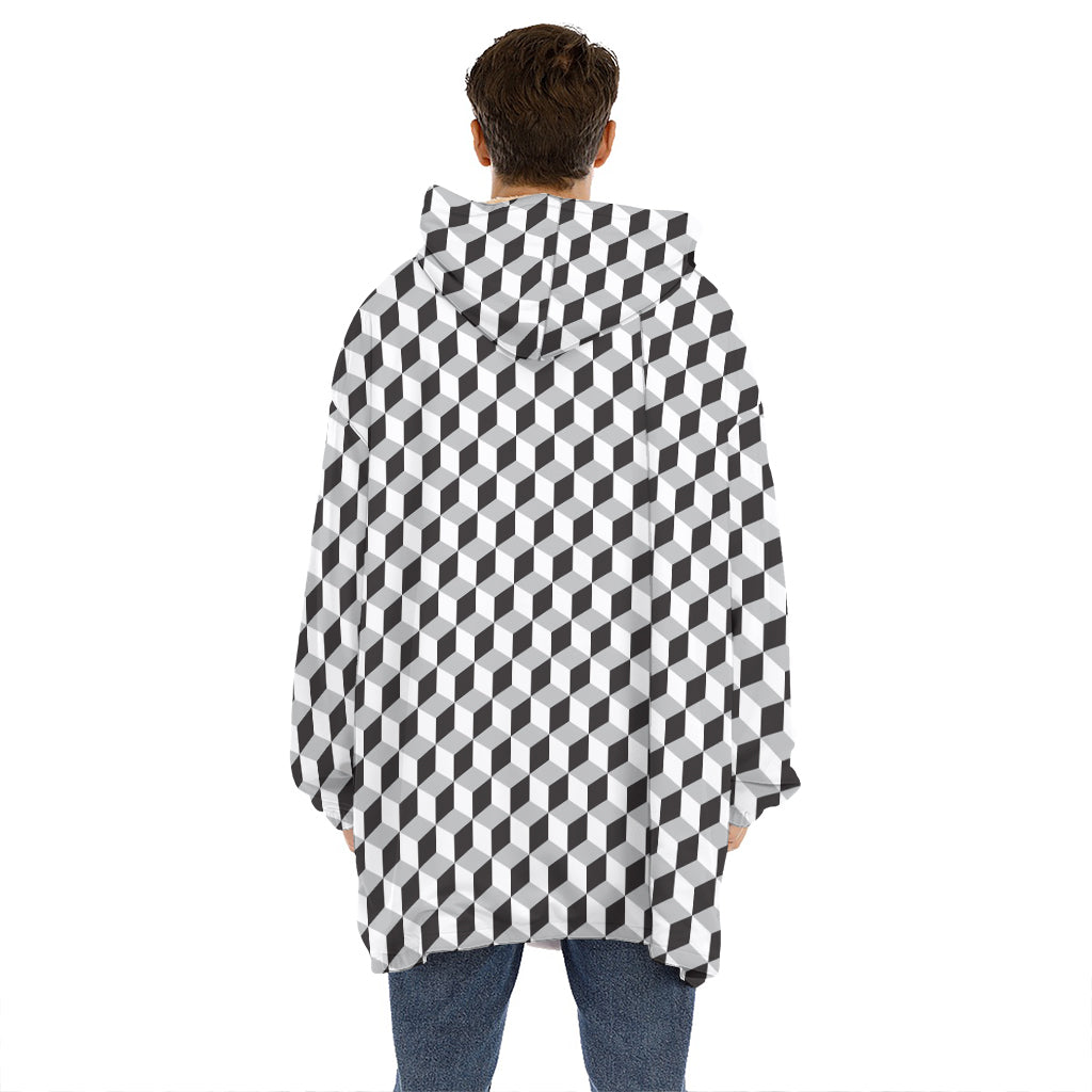 Grey Geometric Cube Shape Pattern Print Hoodie Blanket