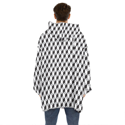 Grey Geometric Cube Shape Pattern Print Hoodie Blanket